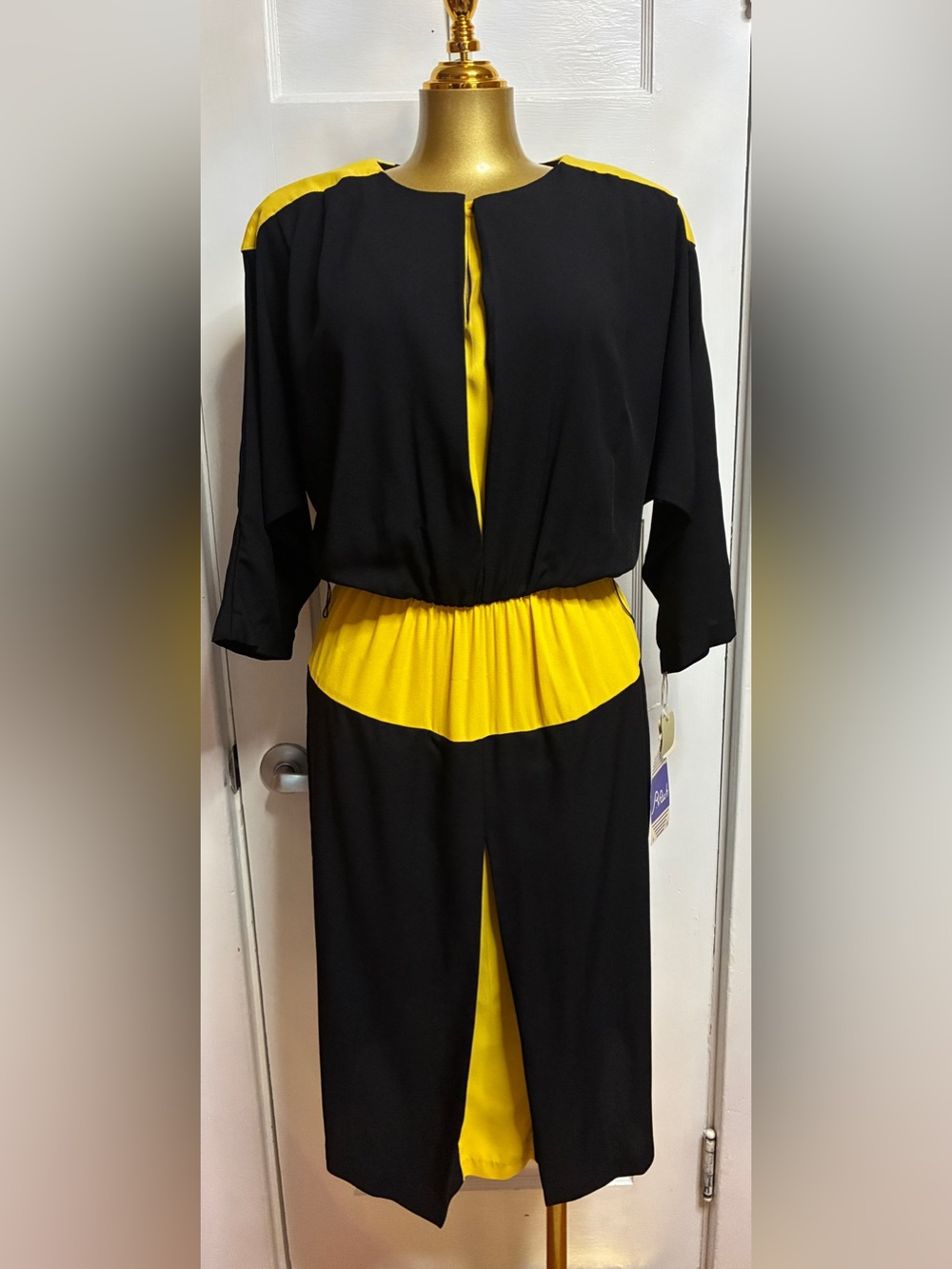 Vintage 80s P.V. Rich Colorblock Dress Black Yellow Avant Garde Midi Size 9-10